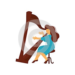Female Musician Playing Harp Classical Musical Instrument Vector Illustration