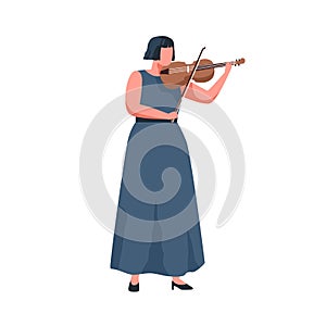 Female musician playing violin with bow. Violinist performing classic music on fiddle with fiddlestick. Woman in dress