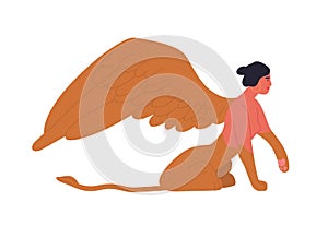 Female mythology fantastic creature sphinx vector flat illustration. Ancient cartoon character woman half eagle and lion