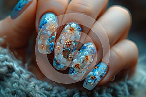 Female nails with figures of petal blue color closeup and flowers. Nail art