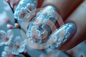 Female nails with figures of petal blue color closeup and flowers. Nail art