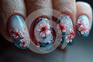 Female nails with figures of petal blue color closeup and flowers. Nail art