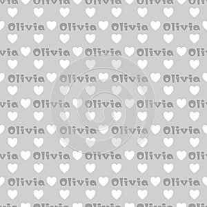 The female name is Olivia. A postcard for Olivia. Seamless repeating pattern with hearts. Congratulations to Olivia