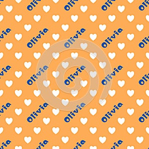 The female name is Olivia. A postcard for Olivia. Seamless repeating pattern with hearts. Congratulations to Olivia