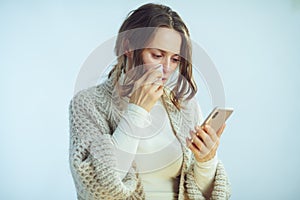 Female with napkin ordering pills in pharma online shop