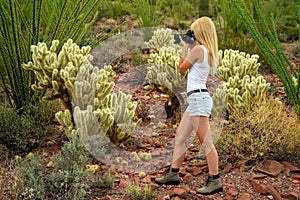 Female nature photographer taking photos of the saguaro cactus Carnegiea gigantea in Saguaro National Park, Arizona