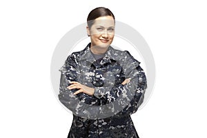 Female in navy uniform with arms crossed
