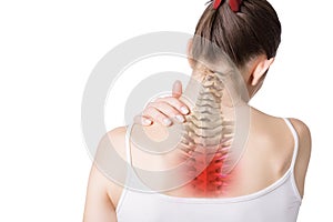 Female neck, back and trapezius muscles with upper spine inside, thoracic region marked red. Caucasian woman touches her photo
