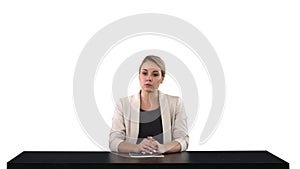 A female newsreader presenting the news, add your own text or image screen behind her, white background