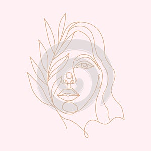 Female nude portrait in one line. Creative pink freehand composition in a modern minimal style with colorful geometric elements.