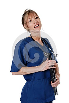 Female nurse carrying a laptop