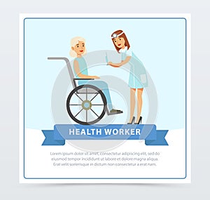 Female nurse giving injection to elderly woman in wheelchair, health worker banner flat vector element for website or