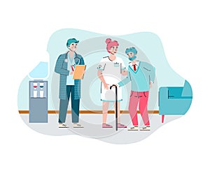 Female nurse help elderly male in nursing home a vector flat illustration.