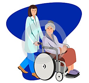 Female nurse helping caring for elderly woman. Vector flat illustration isolated on white.