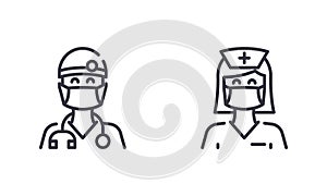 Female Nurse and Male Doctor Wear Medical Face mask to Protect Themself from Coronavirus or Covid-19. Outline Illustration Vector