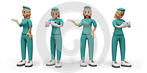 Female nurse points with her hand to side, demonstrates something