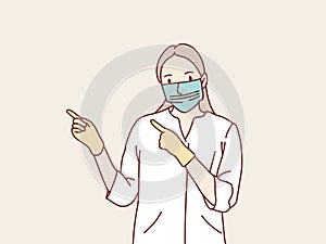 female nurse in a rubber gloves and masker points to the side with his hands simple korean style illustration