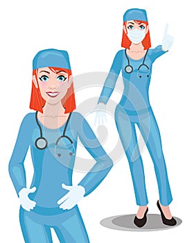 Female nurse showing attention gesture. Illustration in cartoon style. Vector