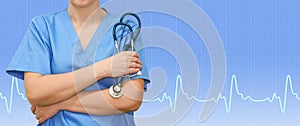 Female nurse with a stethoscope in the hands and ecg line on medical blue background. Health care banner