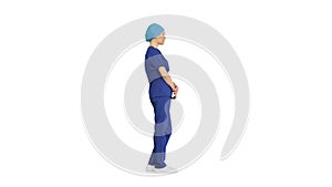 Female nurse or surgeon wearing blue suit standing and waiting on white background.