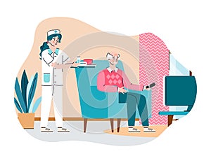Female nurse taking care elderly man in nursing home a vector illustration