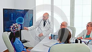 Female nurse wearing scaning headset for brain activity