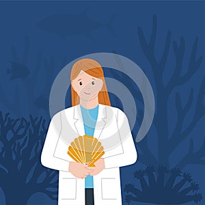 Female oceanologist. International Day of Women and Girls in Science. Woman scientist. Vector illustration. Flat style. Isolated.