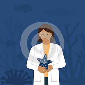 Female oceanologist. International Day of Women and Girls in Science. Woman scientist. Vector illustration. Flat style. Isolated.