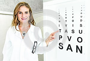 Female oculist doctor pointing at eye sight test chart