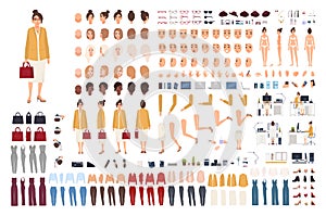 Female office assistant avatar set or DIY kit. Bundle of woman`s body parts, gestures, poses, formal clothes isolated on