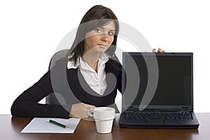Female office worker displays screen