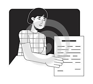 Female office worker giving document flat line black white vector character