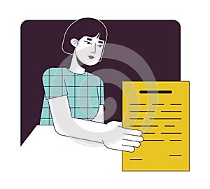 Female office worker giving document flat line color vector character
