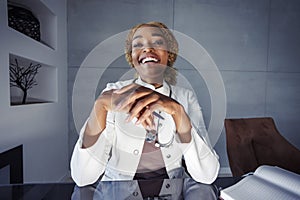 Female online doctor having video call consultation with patient