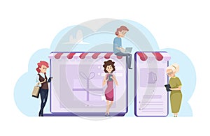 Female online shopping. Vector cartoon women with laptop, smartphones and online stores
