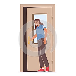 Female Opening Door Leaving or Enter House, Girl Stand at Open Doorway Isolated on White Background, Entrance to Home