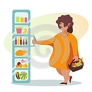 Female opening fridge in grocery store