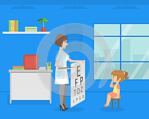 Female Ophthalmologist Doing Eyesight Test to Girl, Doctor Consulting Patient in Medical Office Vector Illustration