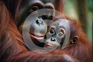 a female orangutan tenderly and carefully hugs her little cub generative ai