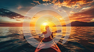 female paddling kayak boat at sunset on lake or river, tranquil scene, generative AI