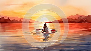 female paddling kayak boat at sunset on lake or river, watercolor illustration, generative AI