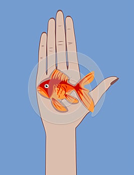 Female palm hand holding a goldfish