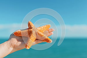 Female palm holding starfish in front of blue sky and sea