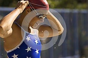 Female Participant Wearing Swim Cap
