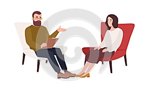 Female patient in armchair and male psychologist, psychoanalyst or psychotherapist sitting in front of her and talking