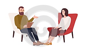 Female patient in armchair and male psychologist, psychoanalyst or psychotherapist sitting in front of her and talking photo