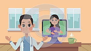 female patient in desktop with doctor medical animation