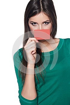 Female peeking out of blank card