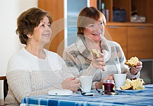 Female pensioners watching TV channel and drinking tea