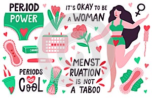 Female periods. Menstruation hygiene tools, period cup, sanitary pad, periods calendar. Female menstrual period